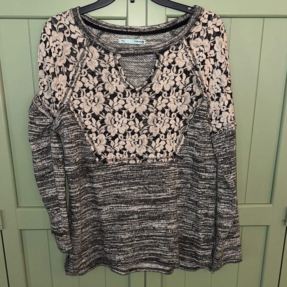 Maurices Black and Cream Floral Lace Cutout Sweatshirt